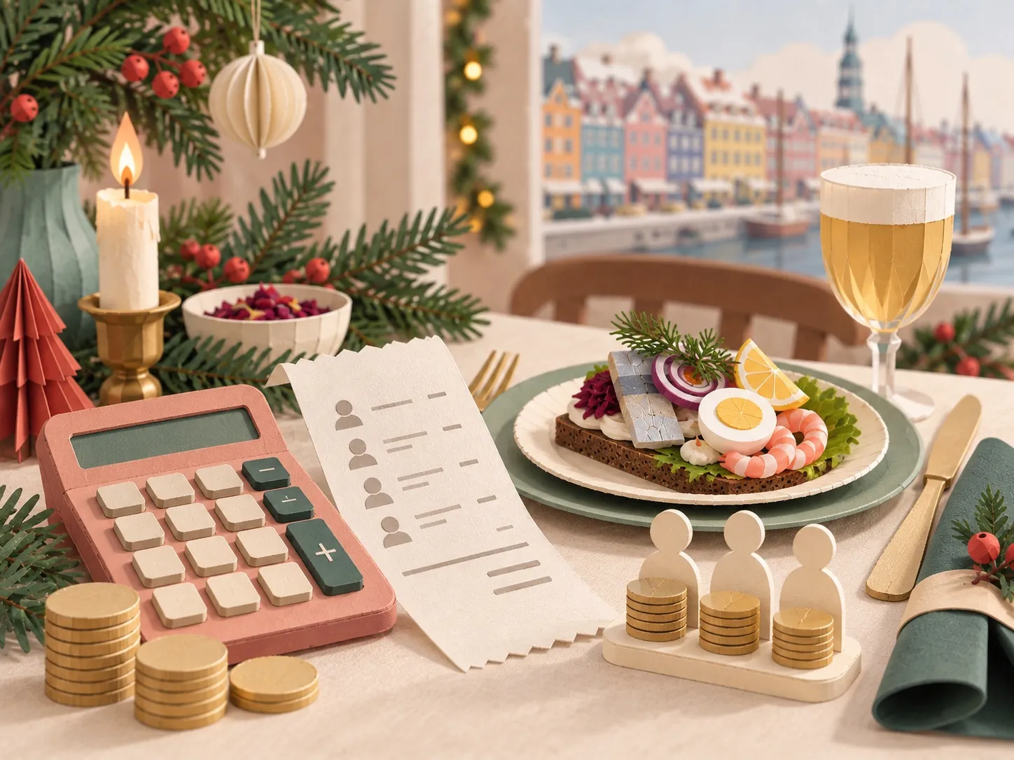 Paper-cut illustration of a Christmas table with open sandwiches, candlelight and beer, with a calculator, a receipt and coins in the foreground and colourful harbour houses behind