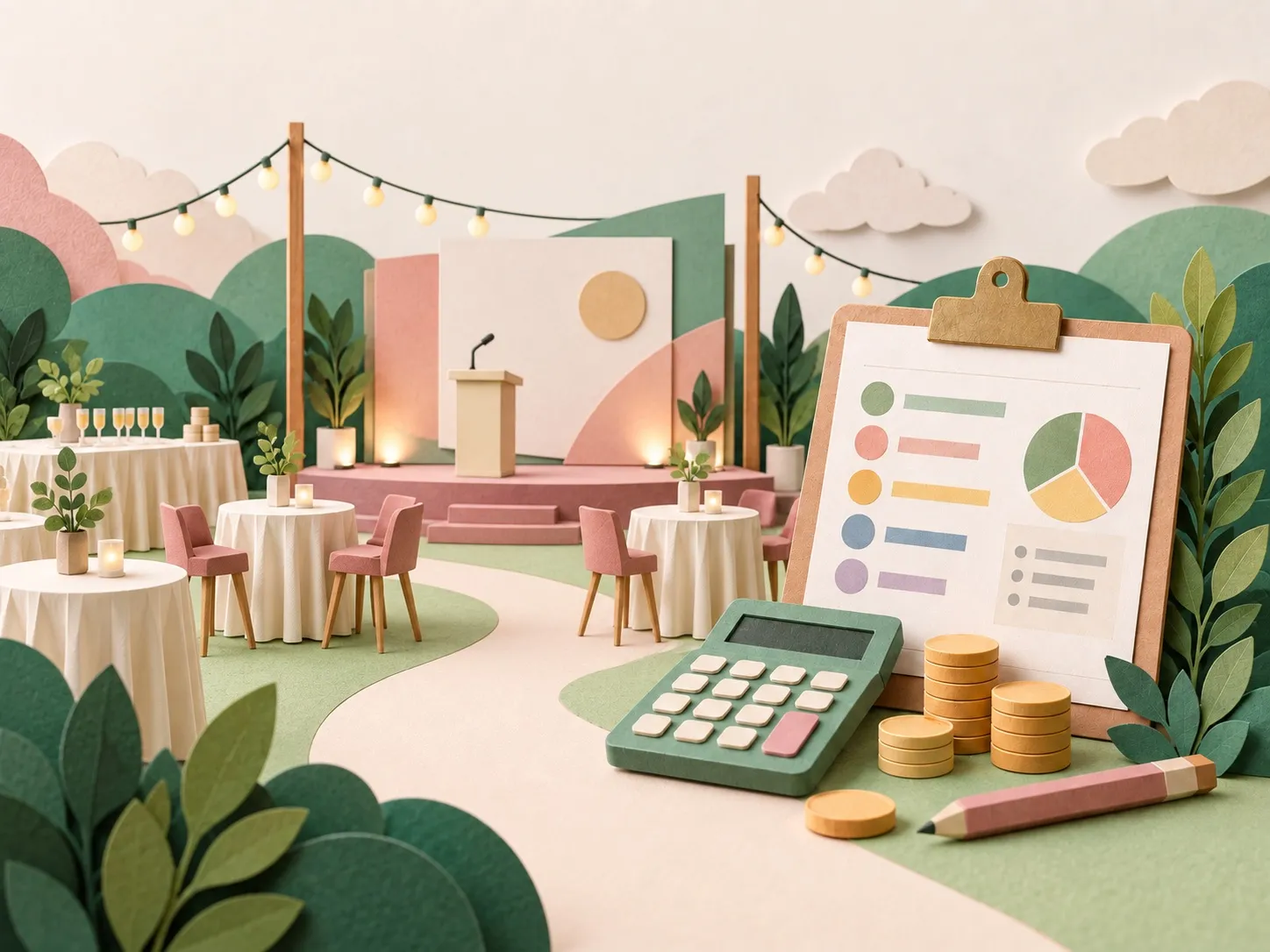 Papirillustration af et eventområde med scene og dækkede borde, hvor en lommeregner, mønter og et budgetark ligger i forgrunden