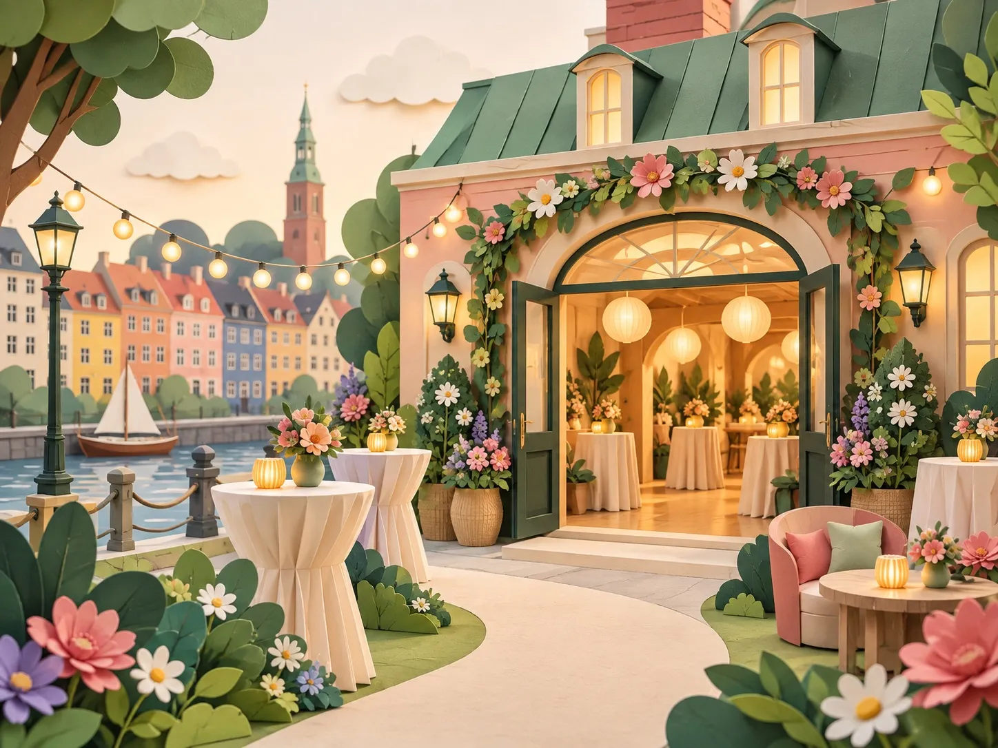 Papirillustration af et lyserødt festlokale med åbne døre, blomster og ståborde ved en københavnsk kanal med farverige huse