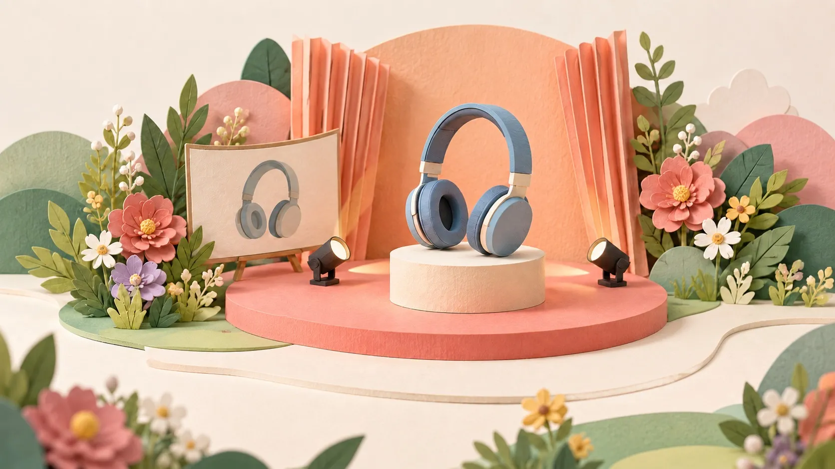 Papirillustration af et par blå hovedtelefoner på et podie på en lille scene med spotlights og foldede gardiner, en skærm der viser produktet og papirblomster omkring