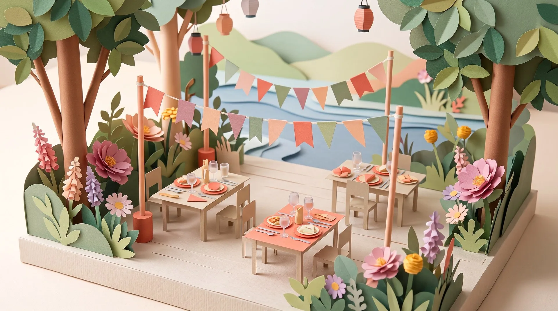 Papirillustration af en sommerfest udendørs med dækkede borde, flagguirlander og lanterner under træerne, omgivet af blomster og med vand i baggrunden